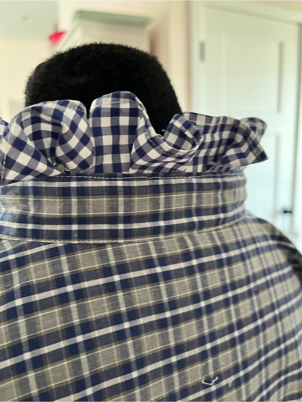 Refashioned faux Ralph Lauren Navy and Gray Checked Button-Down Ruffle collar - Picture 4 of 7